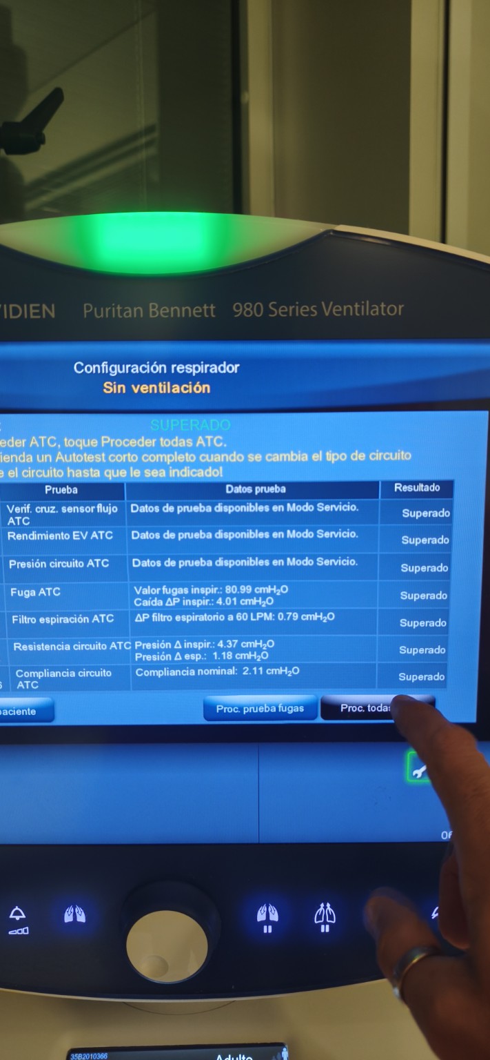 Pantalla de pruebas ATC del Puritan Bennett 980