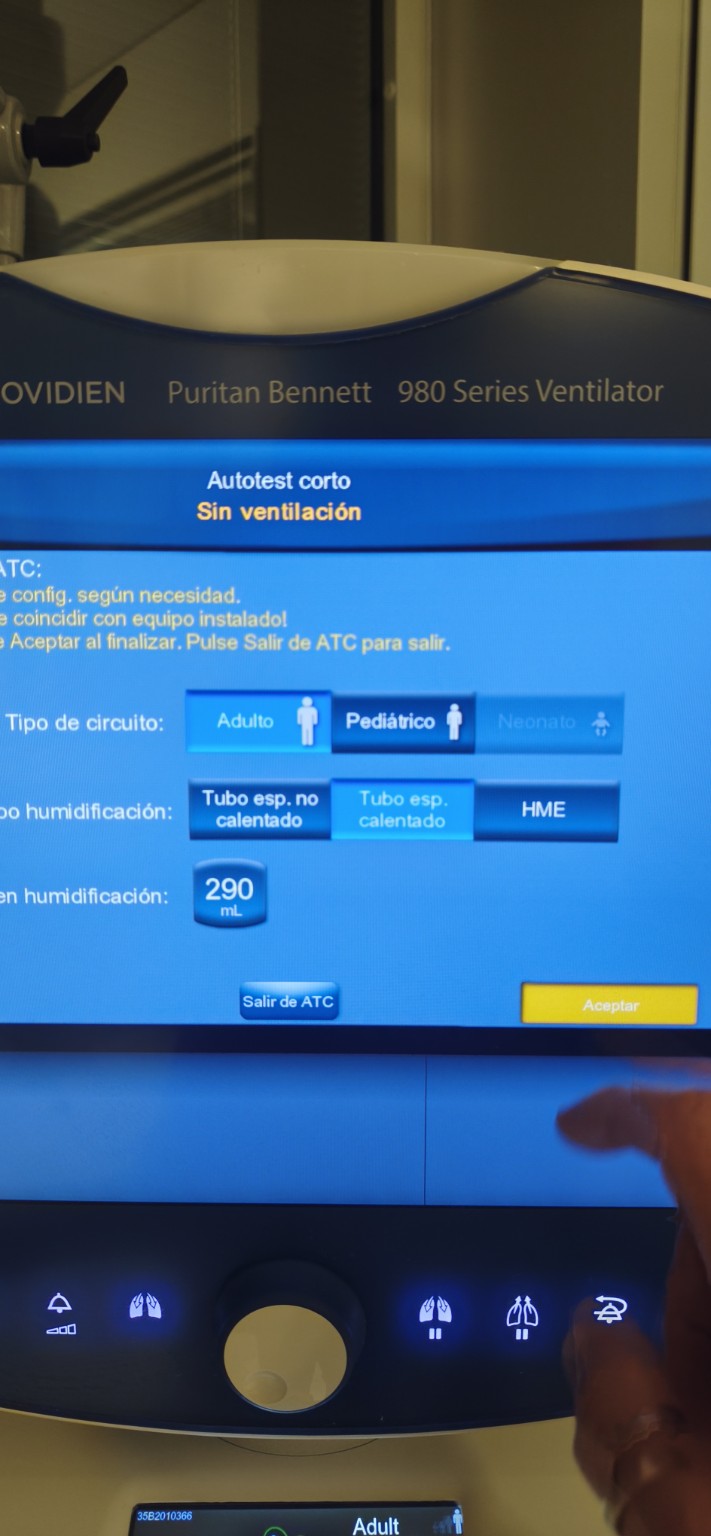Pantalla de autotest corto del Puritan Bennett 980