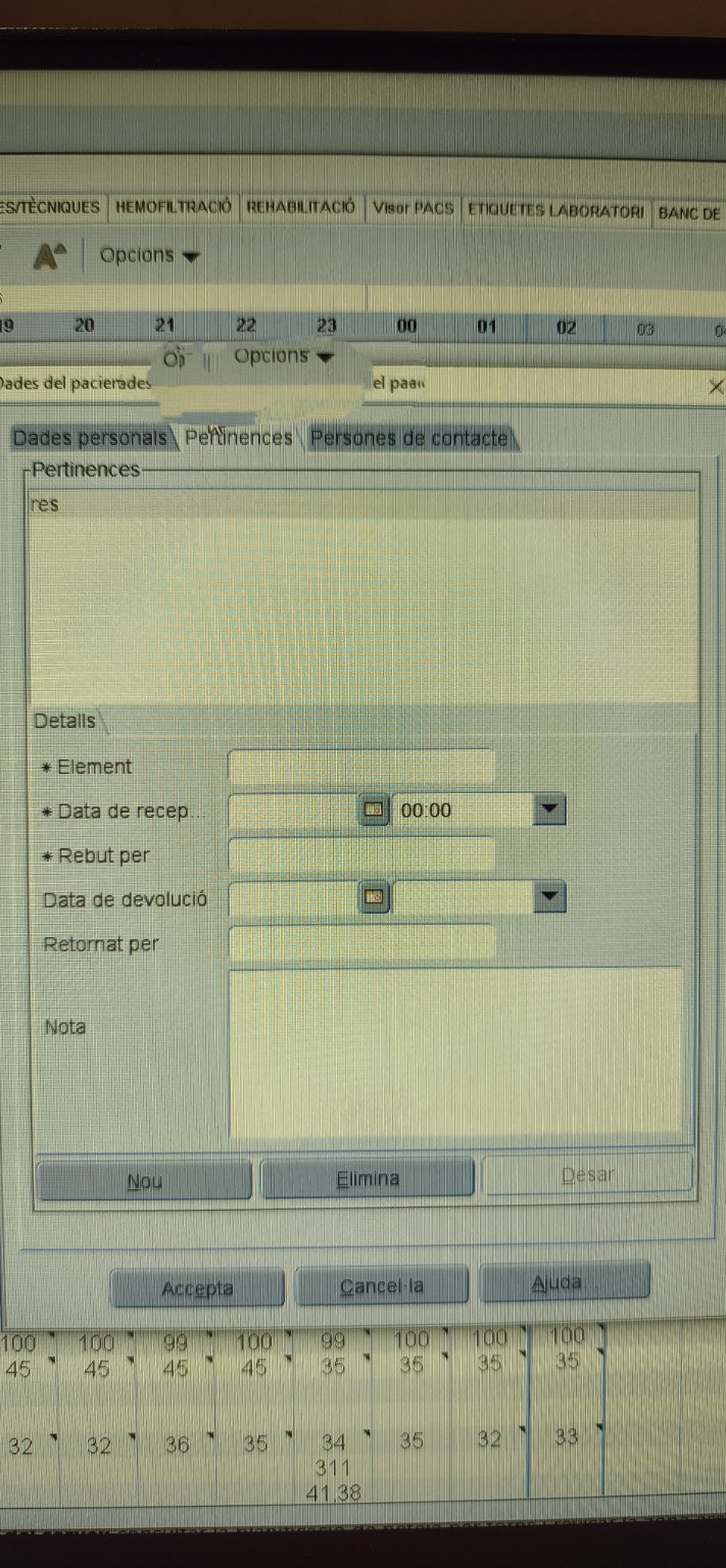 Pantalla de Centricity amb la pestanya Pertinences i els camps de registre