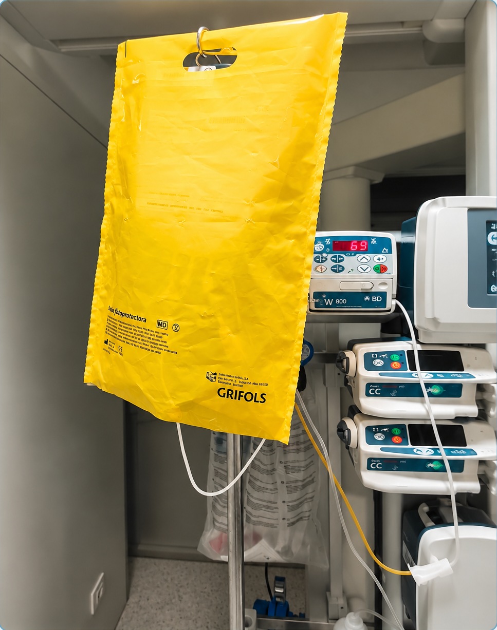 Bossa groga de nutrició parenteral i bombes d’infusió a la REA
